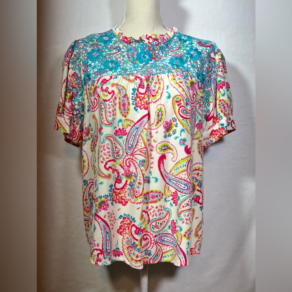 Savanna Jane Embroidered Paisley Blouse Size M Multicolor Short Sleeve - Picture 2 of 8
